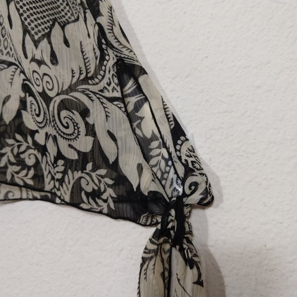 Anna Sui Floral Sheer V-neck Slit Short Sleeves Blouse Top Black Beige Size S - Picture 5 of 12